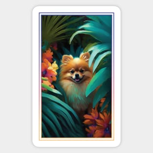 Pomeranian Dog Vibrant Tropical Flower Tall Digital Oil Painting Portrait Sticker